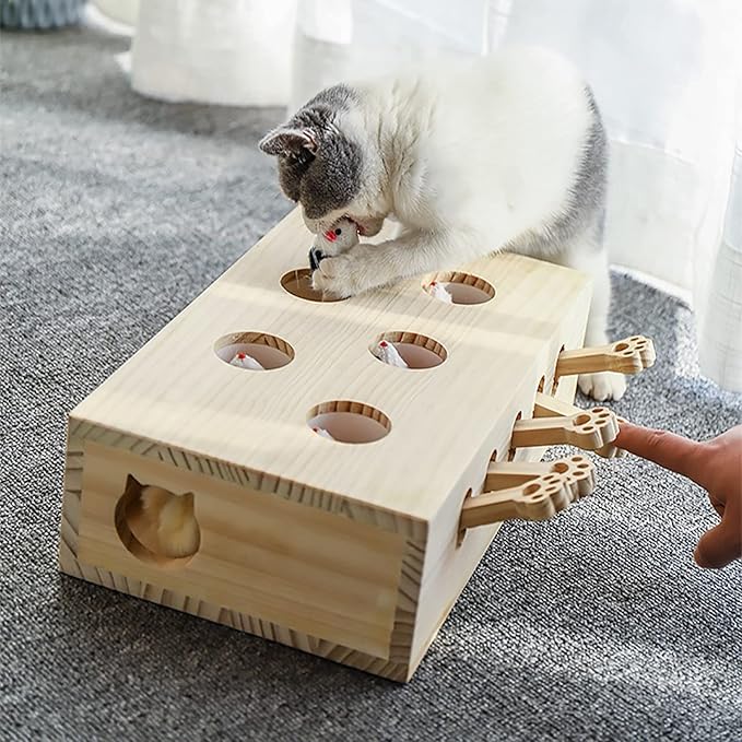 Wooden Interactive Cat Toy, Wooden Whack-a-mole Cat Toy