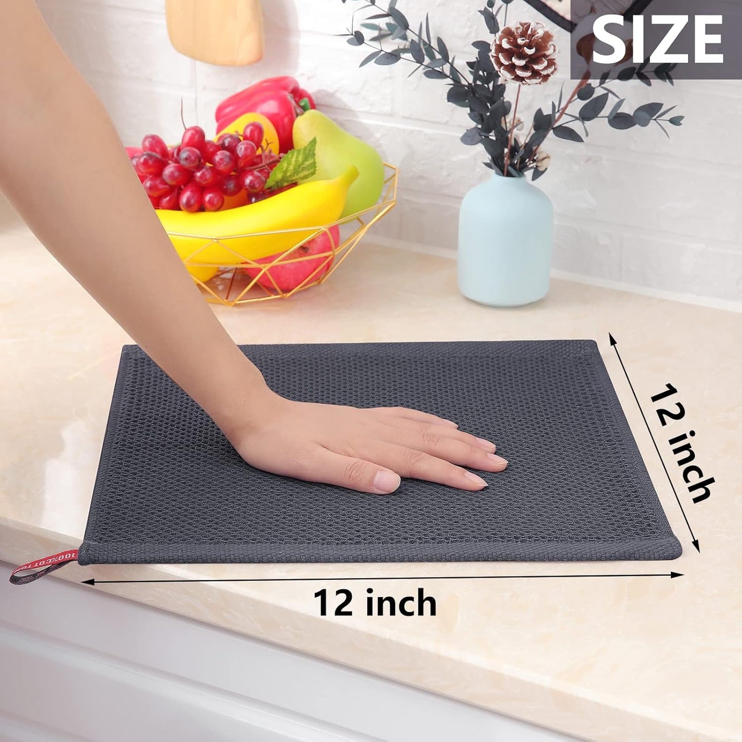 100% Cotton Waffle Weave Kitchen Dish Cloths, Ultra Soft Absorbent Quick Drying Dish Towels, 12 x 12 Inches, 6-Pack