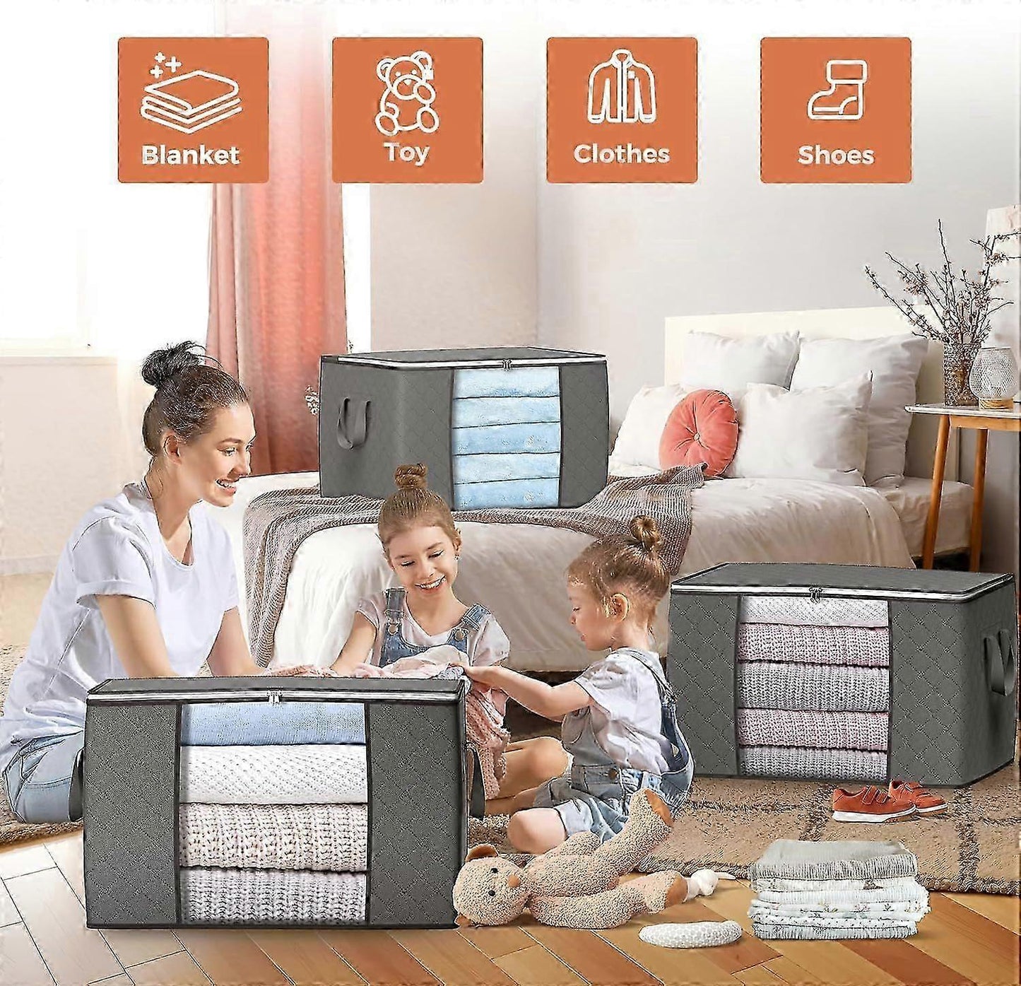 6 Pack 90l Storage Bags, Large Clothes Storage Bags With Zips Durable Handles