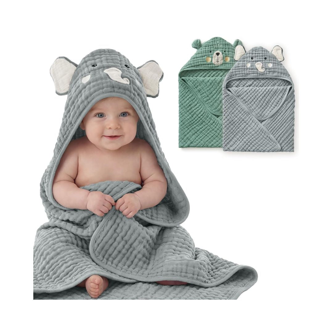 Baby Hooded Bath Towel Set — Soft Muslin Bear & Elephant Design, Pack of 2