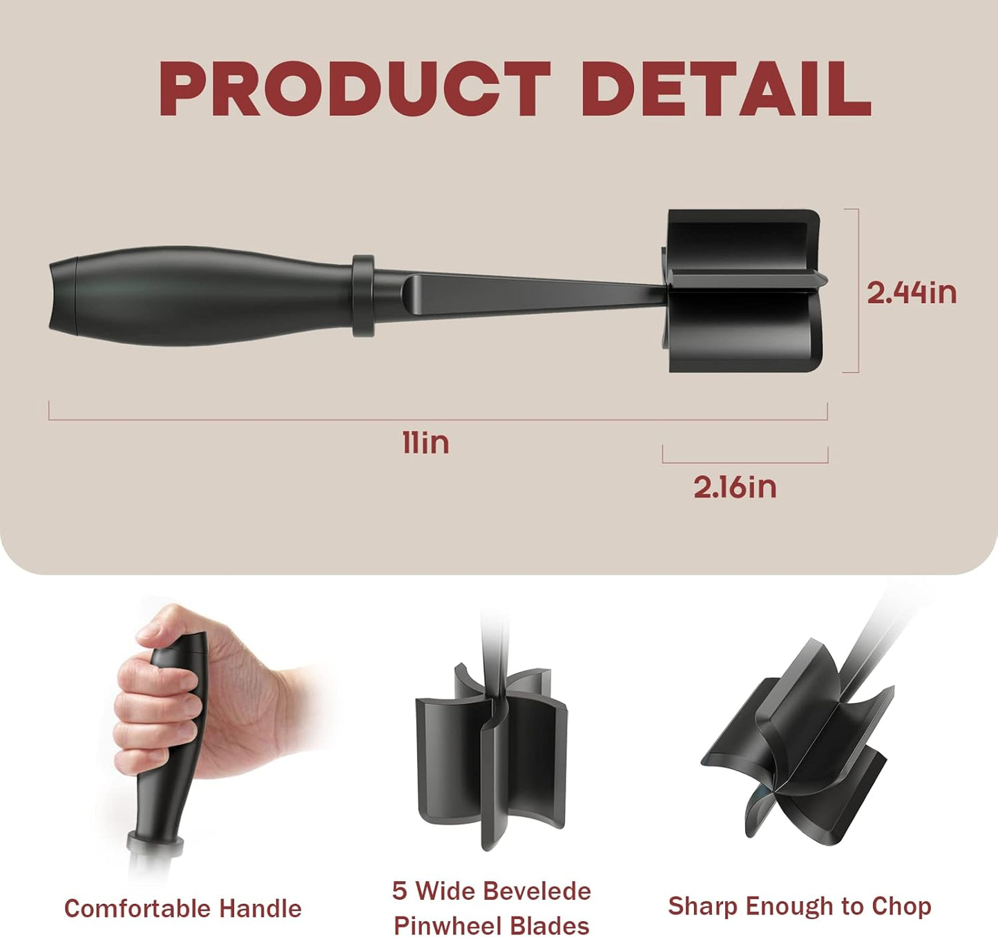 Meat Chopper Heat Resistant Nylon Ground Beef Masher with Ergonomic Grip and Five Blade Design 1pcs