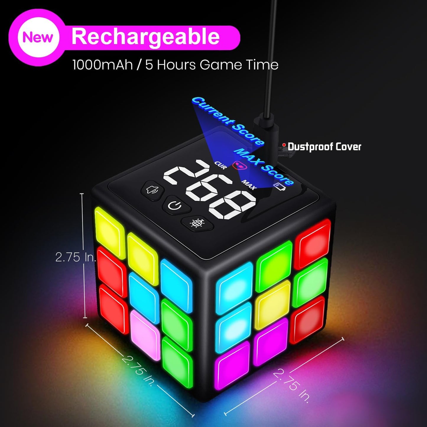 Rechargeable Game Handheld Cube 15 Fun Brain and Memory Games with Score Screen