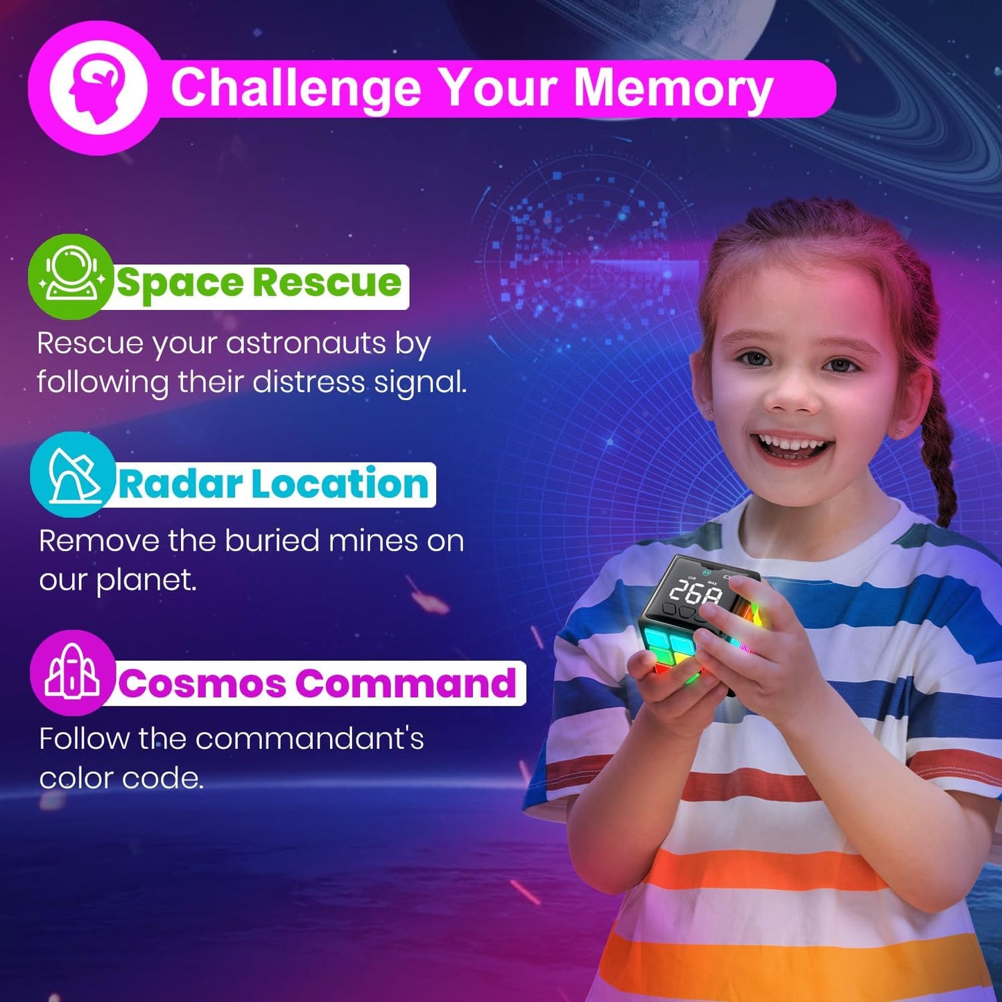 Rechargeable Game Handheld Cube 15 Fun Brain and Memory Games with Score Screen