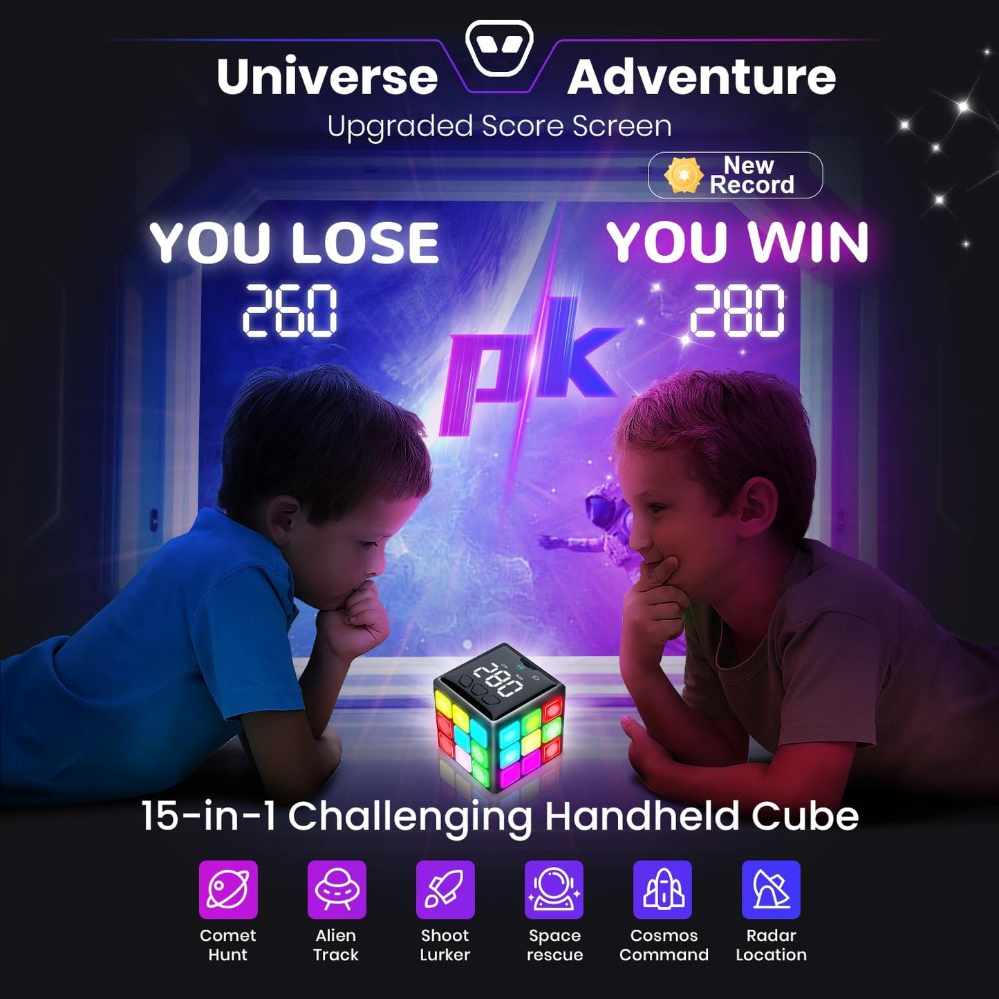 Rechargeable Game Handheld Cube 15 Fun Brain and Memory Games with Score Screen
