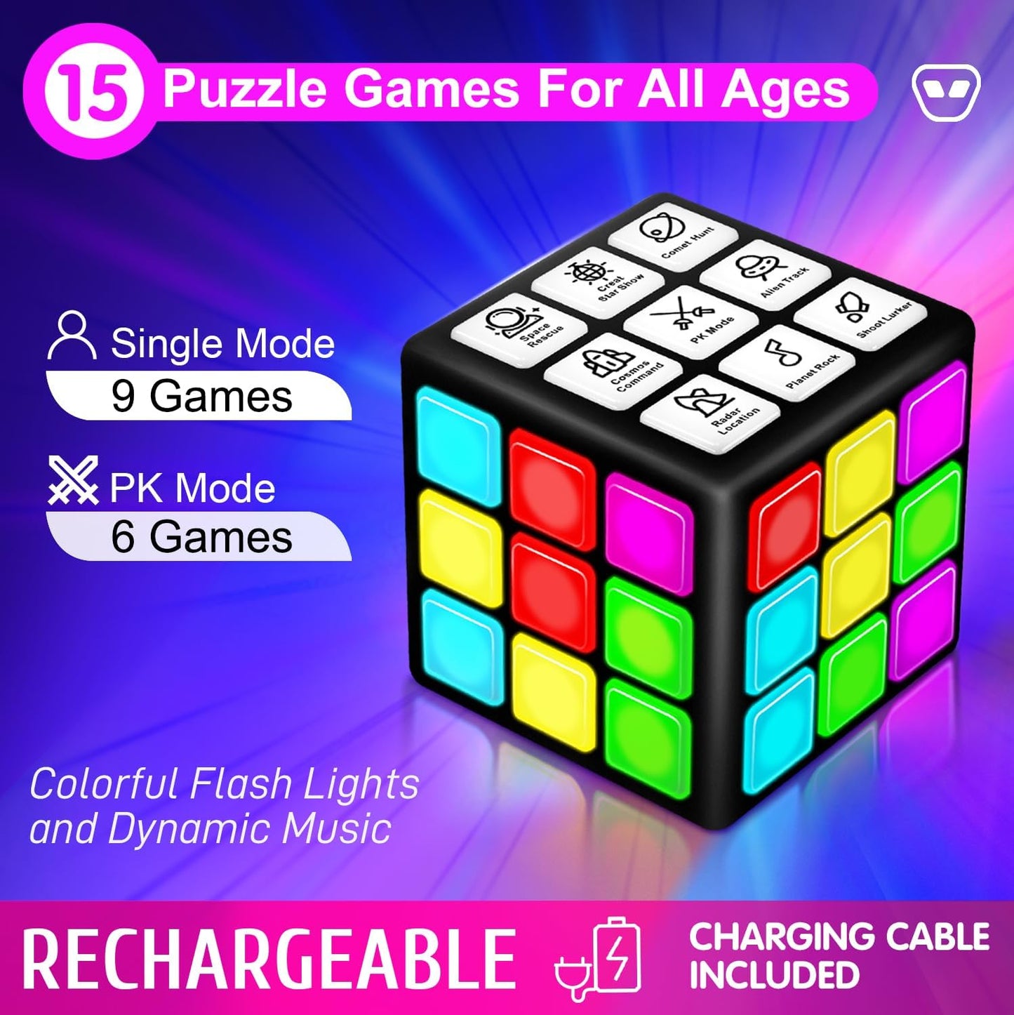 Rechargeable Game Handheld Cube 15 Fun Brain and Memory Games with Score Screen