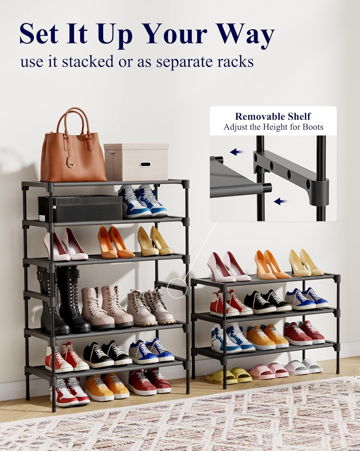Shoe Rack - Premium non-woven shoe rack, suitable for closets, entryways, garages, and hallways. Sturdy and durable, stackable long shoe rack, black.