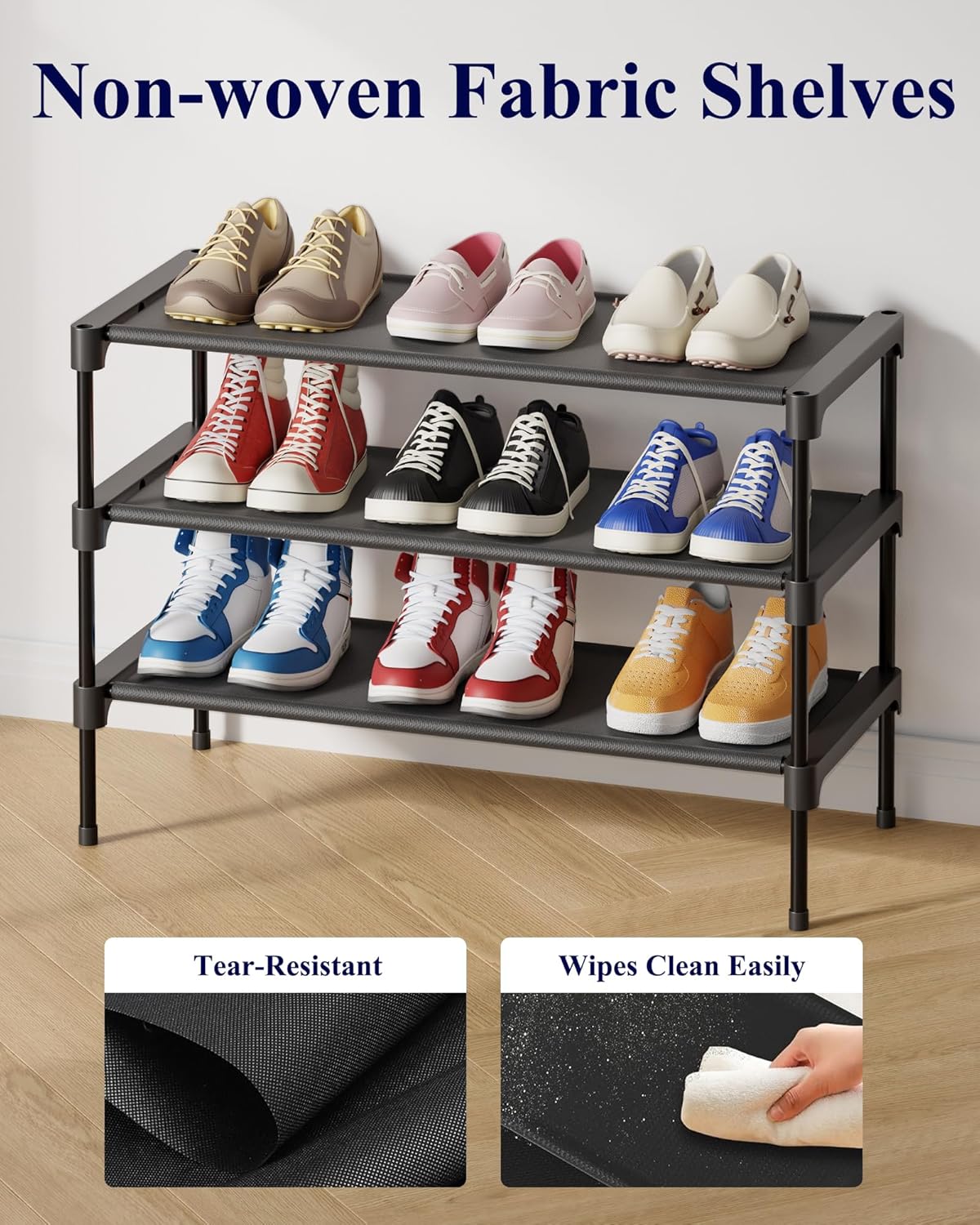 Shoe Rack - Premium non-woven shoe rack, suitable for closets, entryways, garages, and hallways. Sturdy and durable, stackable long shoe rack, black.