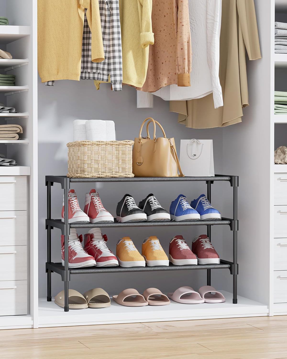 Shoe Rack - Premium non-woven shoe rack, suitable for closets, entryways, garages, and hallways. Sturdy and durable, stackable long shoe rack, black.
