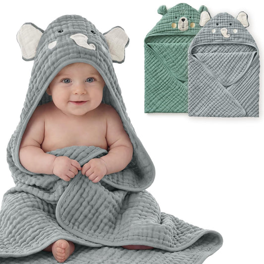 2-Pack Soft & Absorbent Smart Bear & Wise Elephant Muslin Baby Hooded Bath Towel Set