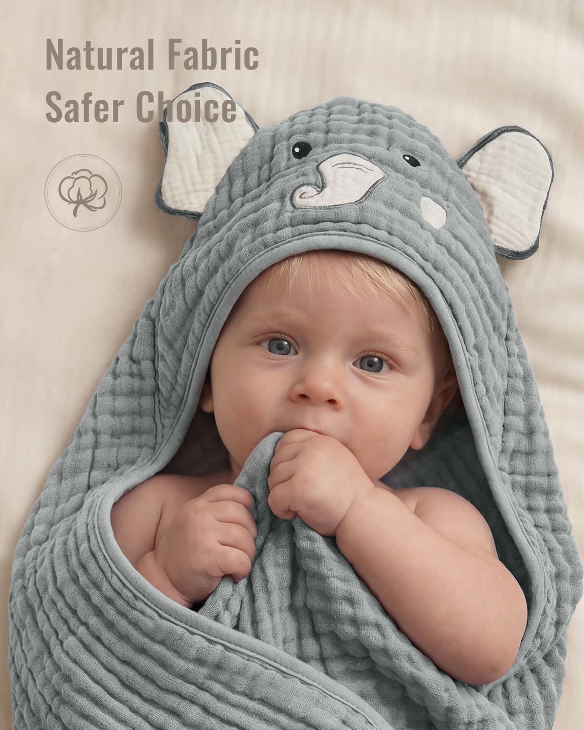 2-Pack Soft & Absorbent Smart Bear & Wise Elephant Muslin Baby Hooded Bath Towel Set