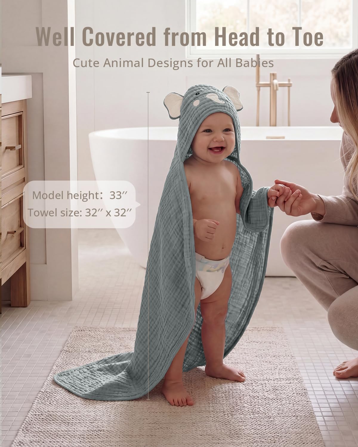 2-Pack Soft & Absorbent Smart Bear & Wise Elephant Muslin Baby Hooded Bath Towel Set