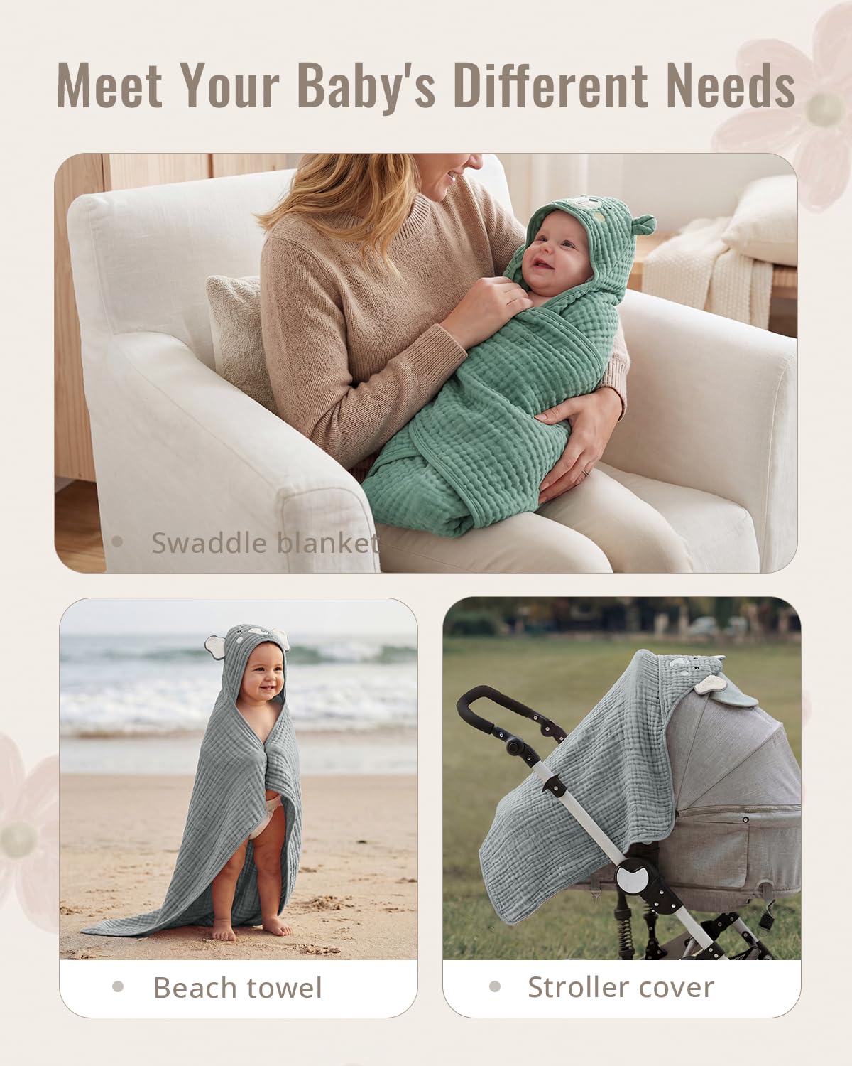 2-Pack Soft & Absorbent Smart Bear & Wise Elephant Muslin Baby Hooded Bath Towel Set