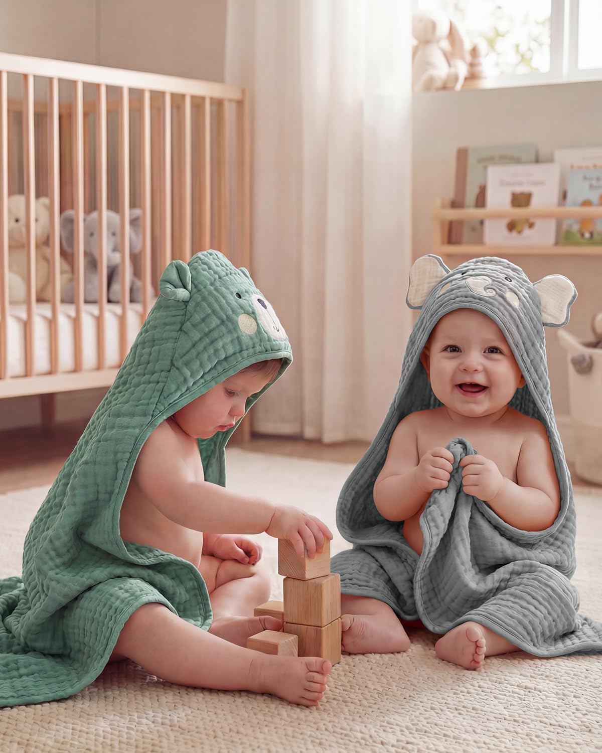 2-Pack Soft & Absorbent Smart Bear & Wise Elephant Muslin Baby Hooded Bath Towel Set