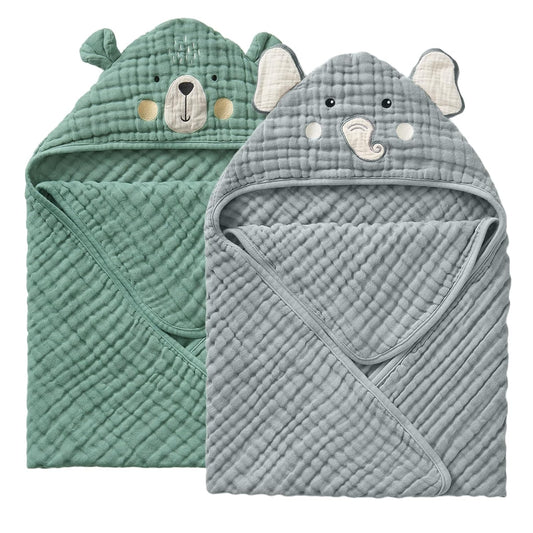 2-Pack Soft & Absorbent Smart Bear & Wise Elephant Muslin Baby Hooded Bath Towel Set