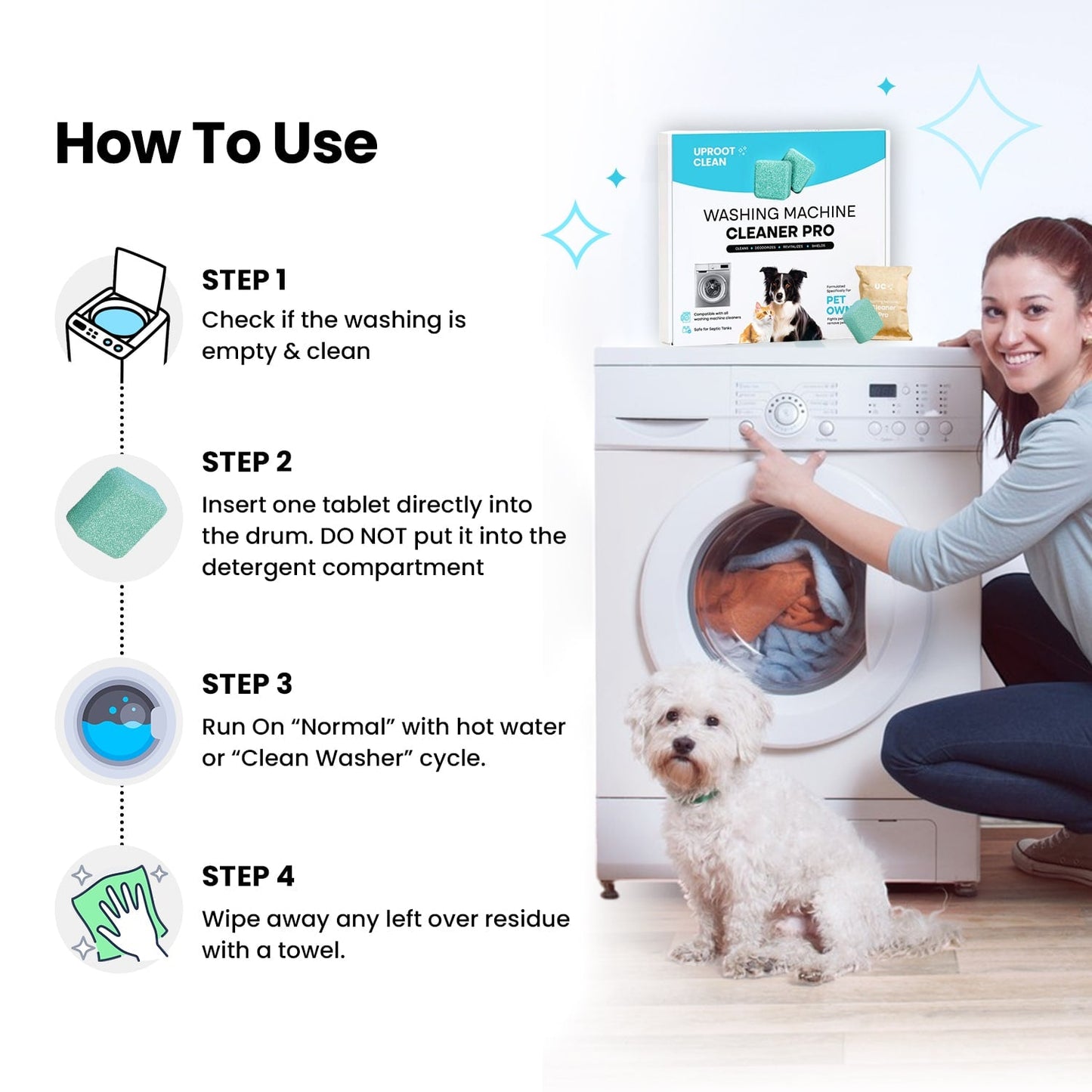 Washing Machine Cleaner Tablets – 24 Pack, Pet Owner Formula